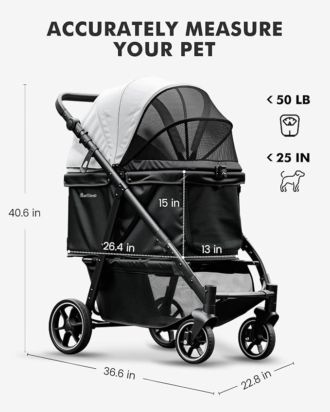 Medium Dog Stroller, Foldable Pet Stroller with Adjustable Handle & No Zip Entry, Storage Basket & Cup Holder, Canopy, Mesh Windows, Ideal for Medium Dogs and Cats Up to 50lbs, Black