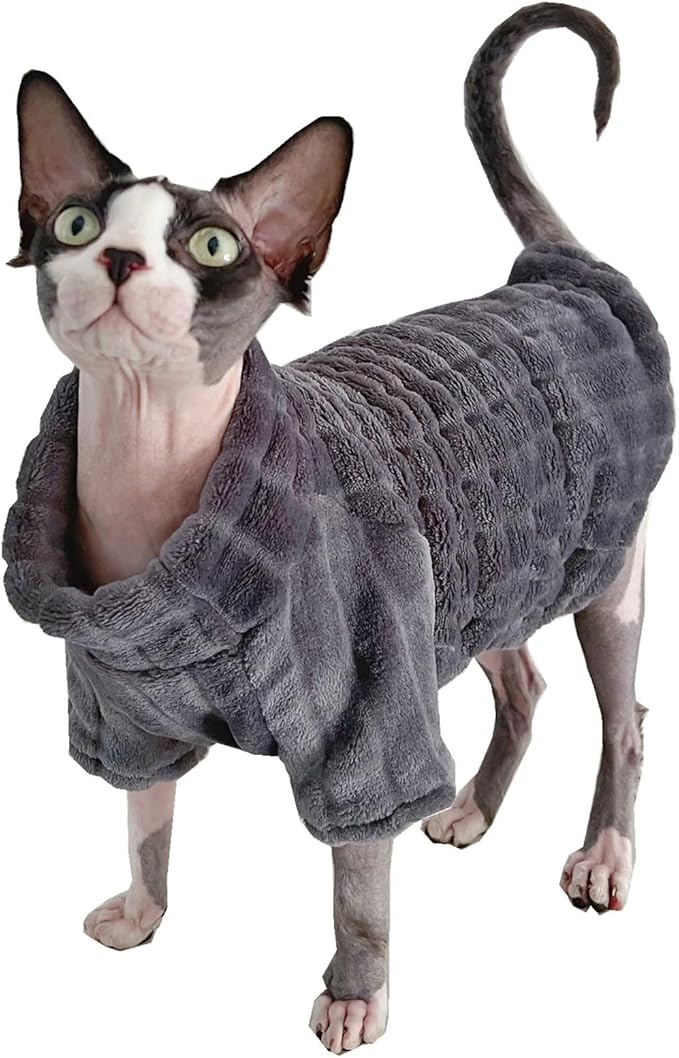 Turtleneck Sweater for Sphynx Cat Soft Coral Fleece Cat Clothes Thick Winter Warm Outfit Coat for Hairless Cats and Small Dogs Apparel with Sleeves (Grey, L (7-8.5 lbs))