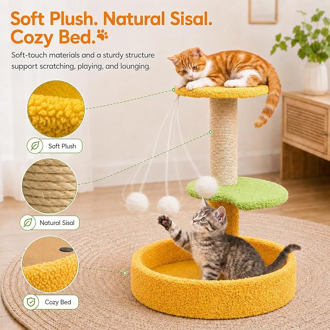 3-Level Small Cat Scratching Post with Cat Bed, 17.71" Cat Tree for Kittens, Sisal Scratcher with Hanging Ball, 15.74" Stable Base, Easy to Assemble for Indoor Cats Play, Furniture Protection