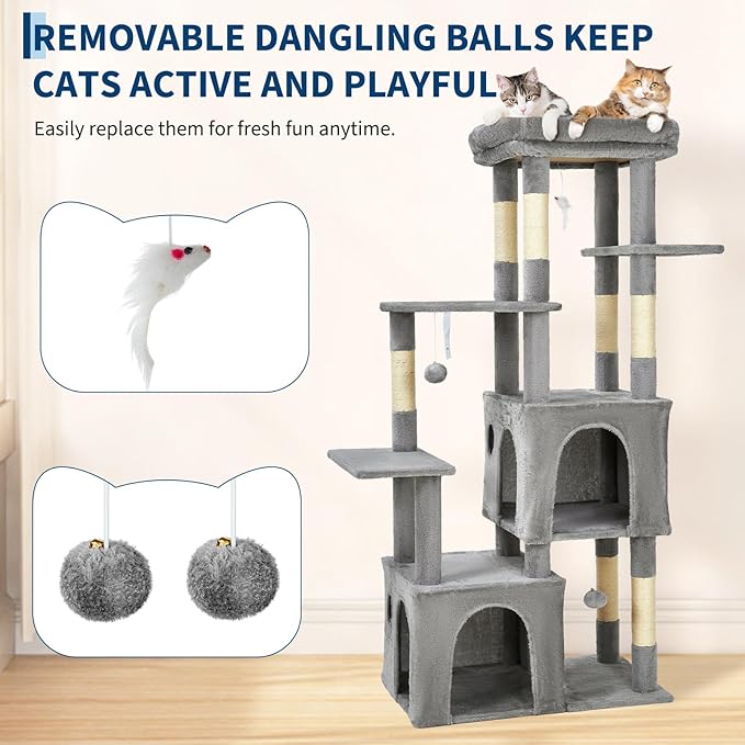 61.4 Inch Cat Tree, Large Cat Tower with Sisal Scratching Posts, 2 Spacious Cat Beds, Hanging Ball & Top Perch, Ideal for Large Indoor Adult Cats, Light Gray