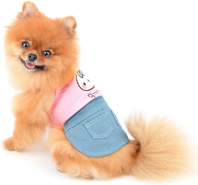 PAIDEFUL Small Girls Dog Denim Dress Spring Summer Sundress Cartoon Patch Soft Comfortable Puppy Clothes Cute Sleeveless Pullover Cats Costume Birthday Party, Pink, M