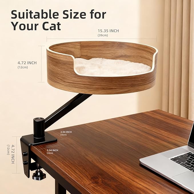 Desk Cat Bed, Elevated Cat Bed for Desk, Space-Saving Cat Hammock for Home Office, Stable & Comfortable Perch for Indoor Cats，Walnut Wood Finish