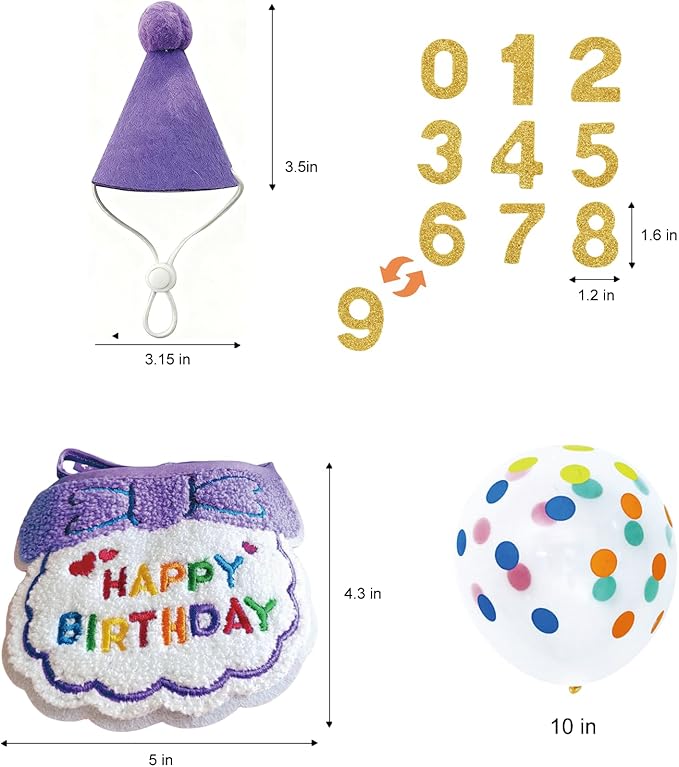 Reusable Cat Birthday Decorations Set - Adjustable Cat Birthday Hat & Bandana with Age Numbers | Kitty Celebration Kit for Memorable Milestones（Purple）