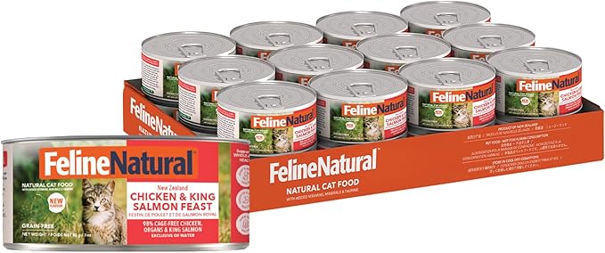 Feline Natural New Zealand Canned Wet Food, High-Meat, Low-Carb, & Grain Free Wet, Chicken and King Salmon, 3 oz, Pack of 24