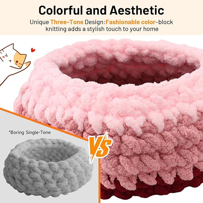 Handwoven Soft Cat Cave Bed, Indoor Cat Beds with Washable Round Nest, Kitten House & Cat Furniture, Cloud Pink
