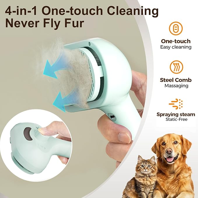 Pet Spray Grooming Brush, Cat & Dog Hair Removal Comb, Electric Mist Deshedding Tool, Self-Cleaning Pet Brush for Shedding, Tangles & Flying Fur Control (Blue)