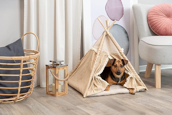 TRIXIE Boho Tipi for Dogs and Cats, Stylish Bed for Cats and Dogs with Reversible Cushion and Tie-Backs, A Perfect Retreat for Kitties and Pups, Beige