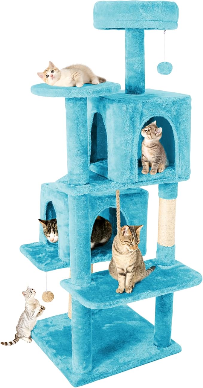59in Large Cat Tree Tower for Indoor Cats with Soft Plush Hang Ball, Two Condos, Sisal Scratch Posts & Rope Play for Kittens/Adult Cats, Blue