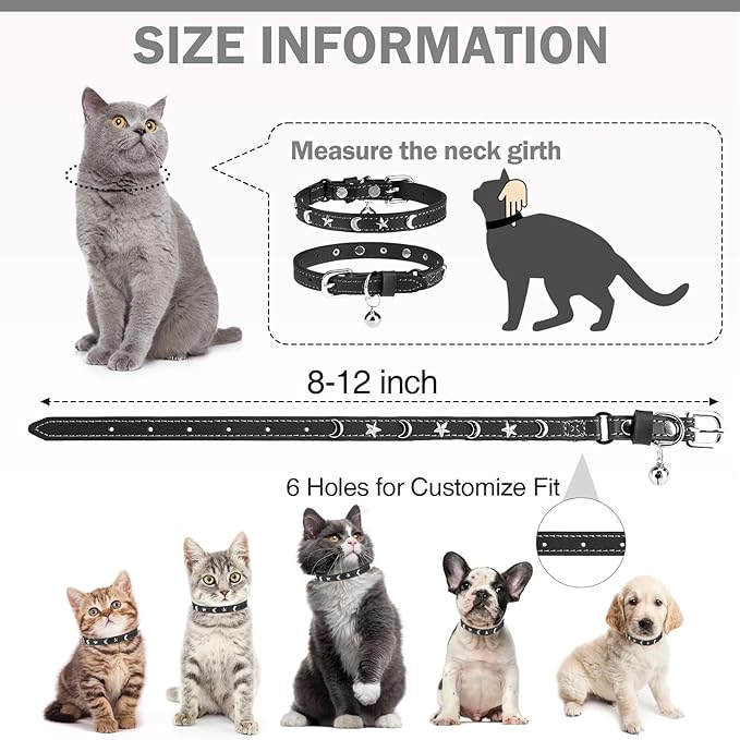 Leather Cat Collars for Boy Girl Cats with Bell and Safety Elastic Belt, Personalized Star and Moon Stud Adjustable Safe Buckle Collar for Kitty Small Big Cats Size 7-9 Inch, Black