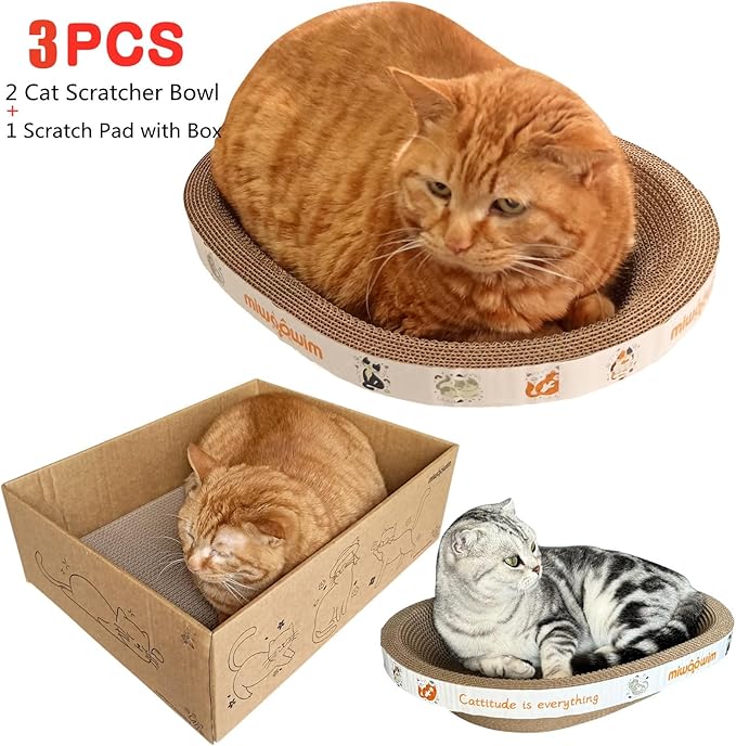 Miwoowim 3PCS 2 Cat Scratcher Bowl +1 Corrugated Scratch Pad with Box,Oval Shape Cat Scratcher Cardboard Bed, Scratching Lounge Bed, Cute Round Scratcher for Indoor Cats