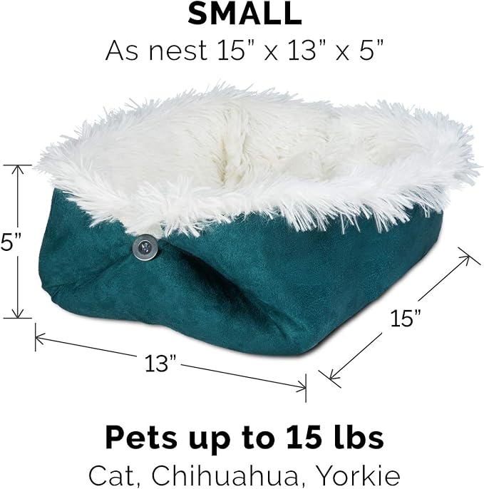 Furhaven Self-Warming Cat Bed for Indoor Cats, 4-Beds-in-1 & Washable - Plush Long Faux Fur Convertible Cuddler - Spruce, Small (Pack of 2)