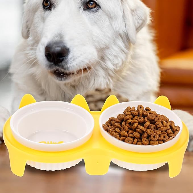 Ceramic Cat Bowl Raised Double Bowls Yellow Thickened Slant Design and Sturdy Stand for Convenient Indoor Feeding and Watering of Cats and Kittens