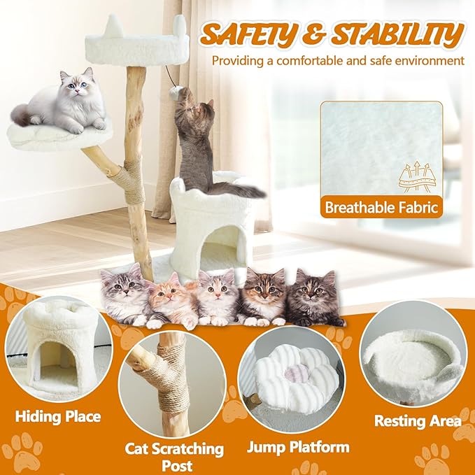 Real Wood Modern Cat Tower, Climbing Tower Cats Tree with Scratching Post and Ball, Cat Furniture with Flower Bed for 37.5" Tall, Branch Luxury Condo for Indoor Wood Cats Large Adult Tree, Warm White
