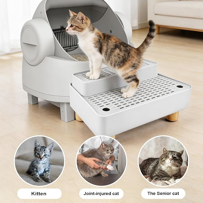 Adjustable 2 Steps Litter Box Ramp, Cat Litter Catcher Mat with Wooden Feet, Filter Function, Litter Box Step for Small & Elderly Cats, Fits Automatic Litter Boxes (Light Grey)