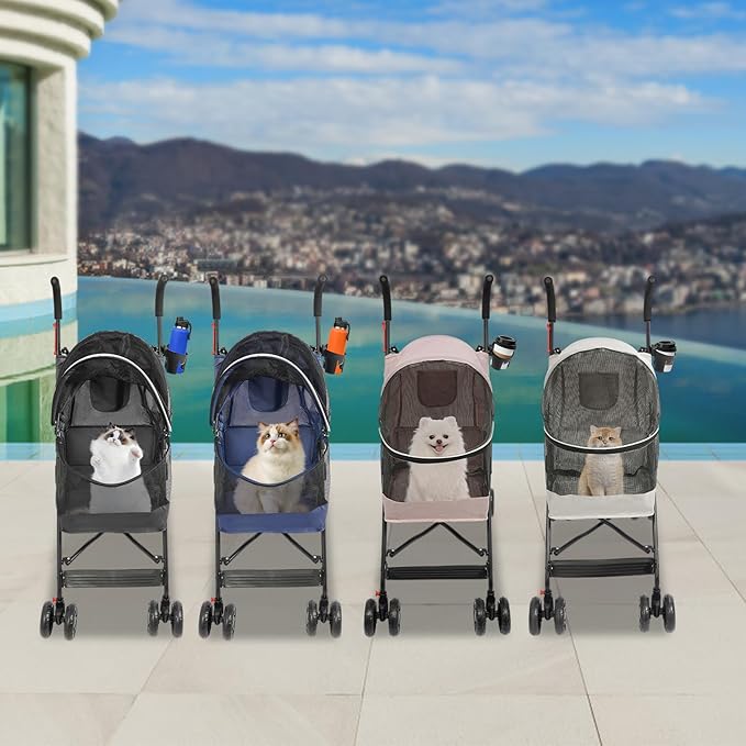 4-Wheel Pet Travel Stroller, Foldable & Lightweight Dog Cat Cage Jogger Stroller, Breathable and Visible Mesh for Small & Medium Dogs & Cats (Up to 22lbs) (Black)