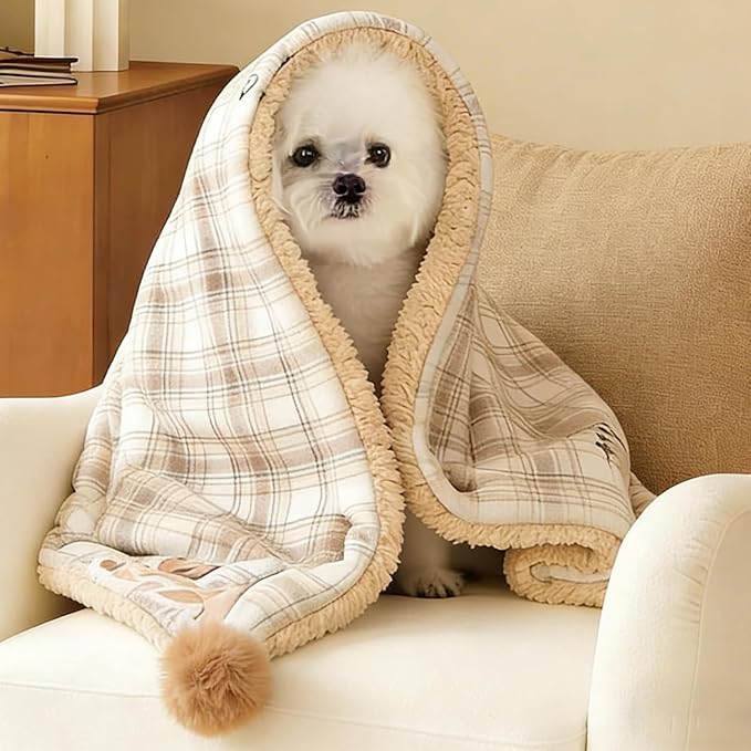 Jiupety Washable Dog Blankets for Small Dogs and Cats, Calming Cozy Pet Grid Blanket with 2 PCS Fluffy Fur Balls, 100% Microfiber Plush Sherpa Fleece, for Bed Couch Chair, Brown