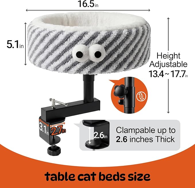Cat Desk Bed, Height Adjustable 360° Rotating Desk Mounted Cat Bed, 2-in-1 Cat Desk Perch Hammock, Desk Cat Bed Attachment with Washable Cushion for Most Cats (Gray)