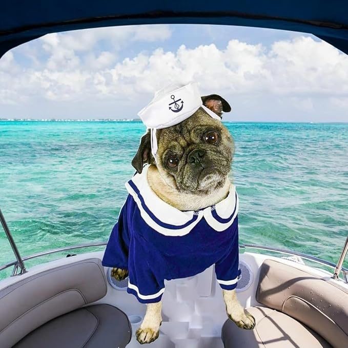 NAMSAN Pet Sailor Costume for Cats Small Dogs, Cat Halloween Costumes, Small Dog Sailor Outfit, Cat Sailors Hat with Tie Collar, Pet Navy Costume for Kitten Puppy Statue Decoration