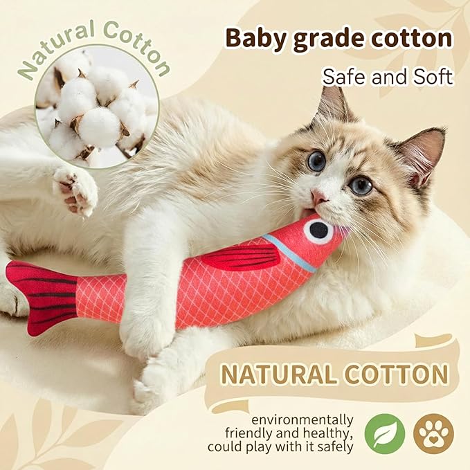 Cat Toys with 5000mg A+Natural Catnip & Bell, Interactive Soft Chew Kicker Cat Toys for Indoor Cats & Kittens, [Crinkle &Bell] Fish Sound Toy, 2 Pack Fish Cat Toys Red Green