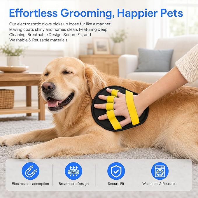 Upgraded Five-Finger Electrostatic Pet Hair Removal Gloves, Reusable Cat & Dog Hair Remover for Couch, Furniture, Carpet, Car Seat, Clothing - Magic Brush Pet Grooming Glove (Yellow)