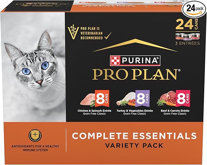 Purina Pro Plan Complete Essentials Chicken, Turkey and Beef Grain Free Wet Cat Food Variety Pack - (24) 3 oz. Cans