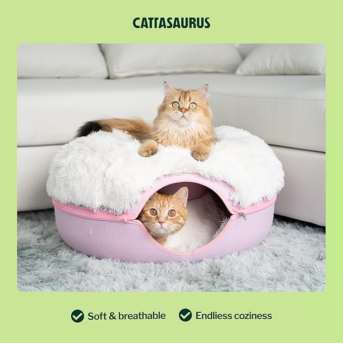 CATTASAURUS Peekaboo Cat Cave for Multiple & Large Cats Up to 30-45 Lbs, Fluffy Cat Beds for Indoor Cats, Scratch Detachable & Washable Tunnel Bed, Comfy Donut Cave (Pink, Large (Calming))
