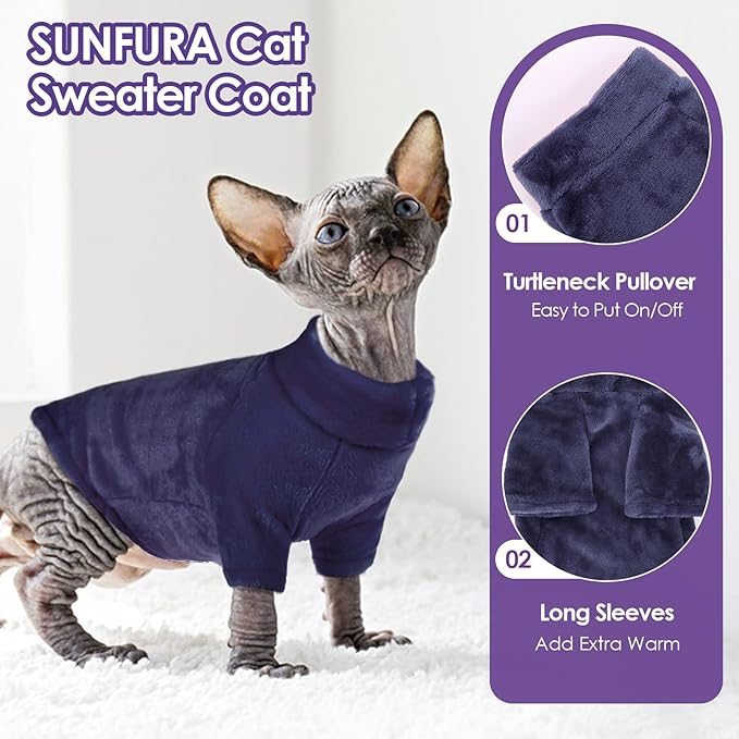 Turtleneck Sweater Coat for Cat, Sphynx Clothes Pajamas for Cats Only, Kitten Fleece Pullover Sweaters with Sleeves, Pet Warm Jumpsuit Sweatshirt for Cold Weather, Navy Blue M