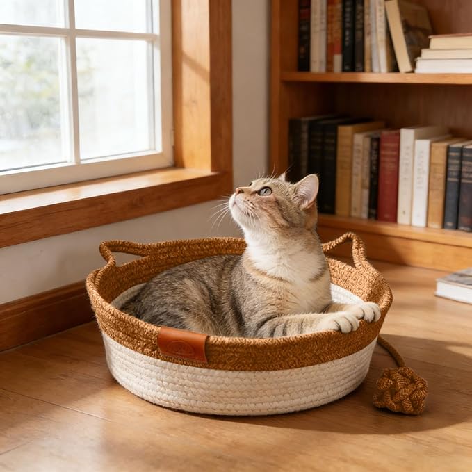 Instinct Basket for Cats - Handwoven Cotton Rope Enrichment Bed with Attached Toy Tail, Scratchable Interactive Pet Nest Features Flexible Walls to Fight Boredom & Protect Furniture (Brown)