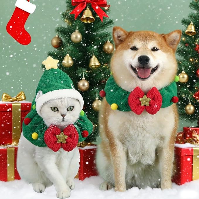 Cat Christmas Outfit 2pcs Set, Cat Santa Hat with Wreath Scarf, New Year Decoration Costume Suit for Small Dogs, Rabbits, Green