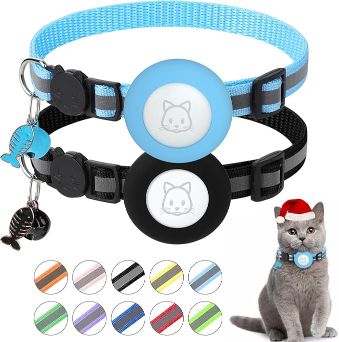 Airtag Cat Collar, Air tag Cat Collar with Bell and Safety Buckle in 3/8" Width, Reflective Collar with Waterproof Airtag Holder Compatible with Apple Airtag for Cat Dog Kitten Puppy (Black+Blue)