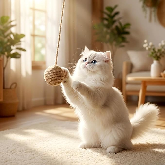 String Cat Toy Ball with 8 Inch Sisal Rope and Bell Inside, 1.7 Inch Sisal Rope Interactive Cat Ball Toy on String for Indoor Cats