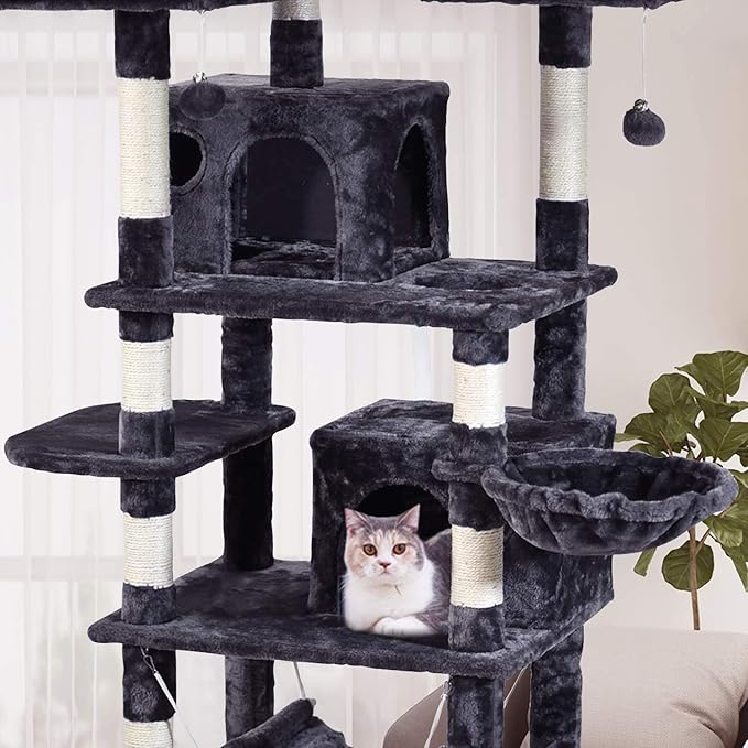 MQ Multi-Level Cat Tree, Activity Centre Cat Tower Furniture with Sisal-Covered Scratching Posts, 3 Padded Plush Perches, Dual Condo & Basket, Removable Hammock, for Large Cats, Grey