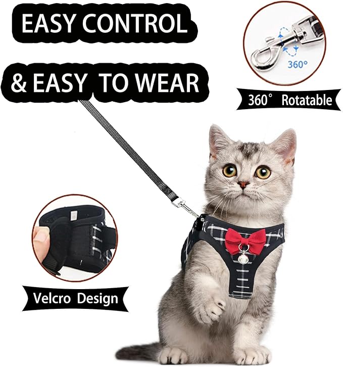 Cat Leash and Harness Set,Breathable Dog Harness,Pet Harness,Adjustable Mesh cat Harness and Leash Escape Proof for Puppy Cat Rabbit (Black, S)