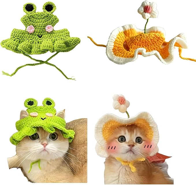 2Pcs Cute Knit Cat Hat,Handmade Crochet Dog Hat Halloween Christmas Party Costume Headwear for Pet Puppies (Frog and Flower)