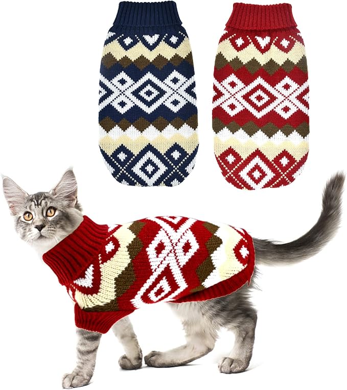 2Pcs Pet Christmas Plaid Sweater - Navy Blue and Red Xmas Costume Knitwear for Kitten, Cat, Puppy Dog - Size L