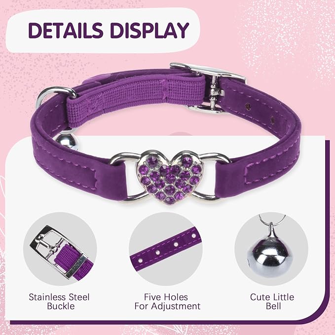 BINGPET 2 Pack Diamond Cat Collar with Bells and Safety Belt, Adjustable Soft Velvet Kitten Collar with Bling Heart Jewelry, Cute Purple & Pink Cat Collars for Girls & Boys(Neck Girth 8"-10")