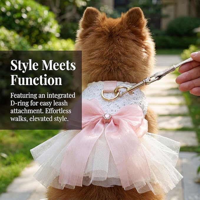 Dog and Cat Girl Bow Dress, White Dog D-Ring Wedding Dress with Pink Bow, Cat Birthday Set, Chihuahua York Pomeranian Cat Pet Party Dress (Pink Bow-Princess, Medium)