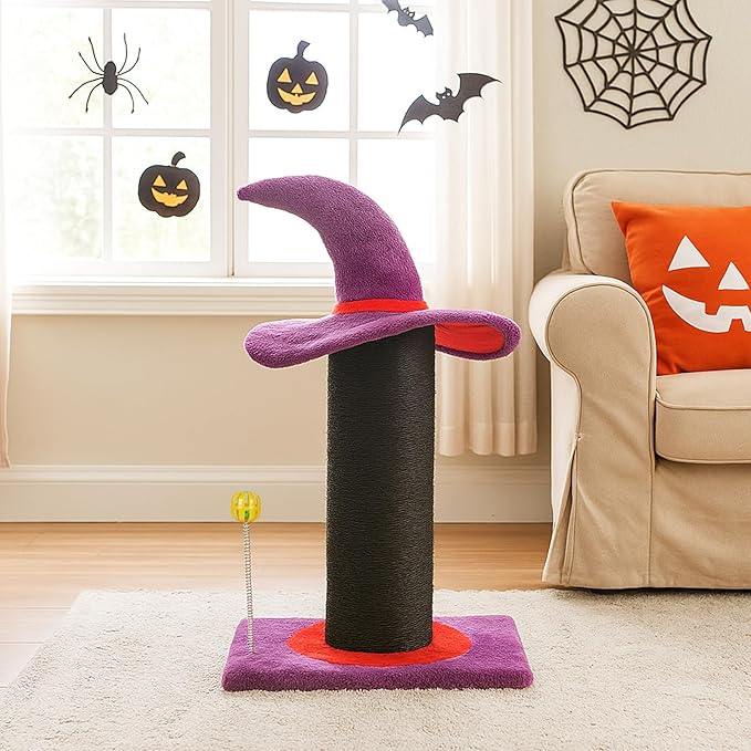 Wizard Hat Cat Scratching Post with Spring Ball Toy for Indoor Cats, Halloween Spooky Cat Scratcher, Purple(40 * 30 * 60cm)