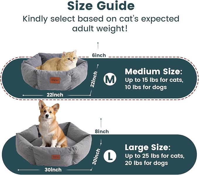 Cat Bed, 22 Inch Washable Corduroy Cat and Small Dog Bed with Removable Cover & Anti-Slip Bottom, Calming Comfort Pet Bed for Pets up to 15 lbs (Pink)