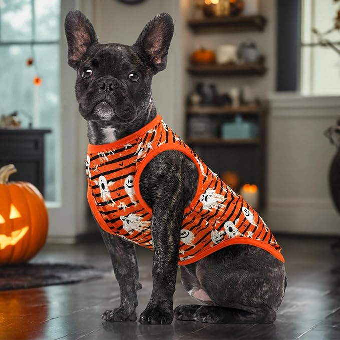 2PCS Halloween Puppy Sleeveless Tank Tops Dog Ghost Spooky Bat Pumpkin Pattern Shirts Halloween-Themed Apparel Vest for Small Middle-Sized Dog Cat S