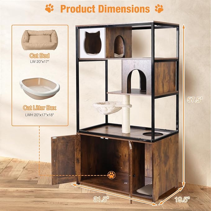 Cat Litter Box Enclosure,Hidden Litter Box Furniture with Metal Frame,Wooden Kitty House with Barn Door,Wooden Cat Washroom Furniture,Fit Most of Litter Box (Wood, M)