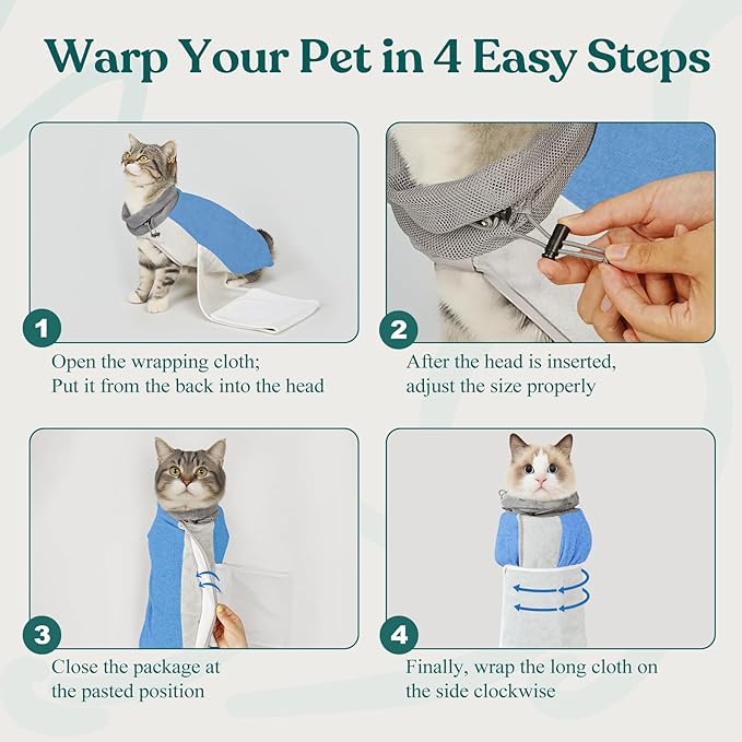 Supet Cat Grooming Wrap for Cutting Nails, Self-Adhesive Anti-Scratch Swaddle with Bite-Proof Mesh Hood & Thick Waist Strap Anti-Escape Bag for Nail Trimming, Medication, Ear Cleaning (Blue L)