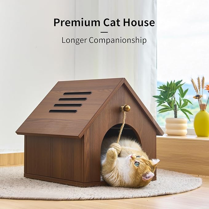 Cat House for Indoor Cats - Modern Wooden Covered Cat Cave Bed, Sturdy & Durable Cat Hideaway Hanging Ball Toy & Warm Plush Mat Included, Easy Video Assembly.