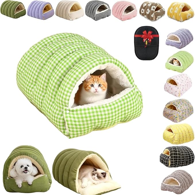Removable and Washable Winter Closed-Off Cat Bed, Cutypet Winter Cave, Warm Foldable Secure Pet Nest for Indoor Cats & Small Dogs, Comfor Plush Snuggle Hut for Kitty, Puppy, Pets (Linen-Green,L)