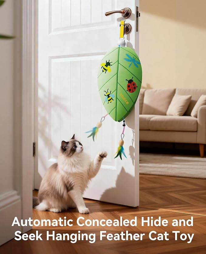 ROJECO Interactive Cat Toys for Indoor Cats, Automatic Door Hanging Cat Toy with Retractable Feather & Mouse, 2 Sleep Modes USB-C Rechargeable, Engaging Cat Toys for Bored Kittens & Adult Cats