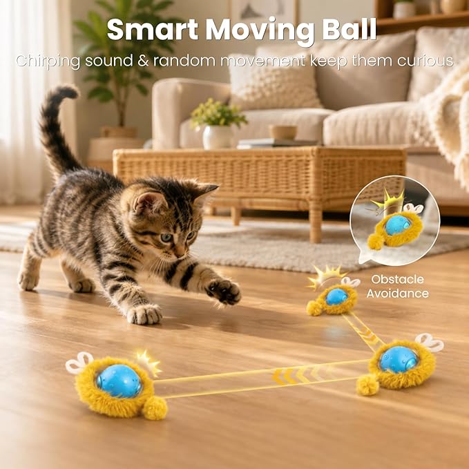 HGB Interactive Cat Toy for Indoor Cats, Automatic Moving Ball with Hunting Play Mat, Motion Activated Hide & Seek Cat Toy with Chirping Sound, Rechargeable Kitten Toys for Bored Indoor Cats
