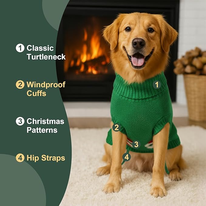 Dog Sweater Knitted for Small to Large Dogs Boy Girl, Classic Turtleneck Dog Christmas Sweaters, Warm & Soft Santa Claus Pet Clothes for Winter (Green, XL)