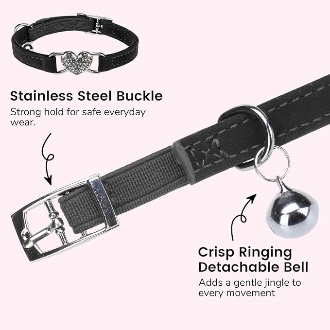 BINGPET Diamond Cat Collar,Adjustable Soft Velvet Leather Safe Kitten Collar with Crystal Heart Charm and Bells,Girl Boy Bling Stylish Cat Collars with Safety Elastic (Black, Neck Girth 6"-8")