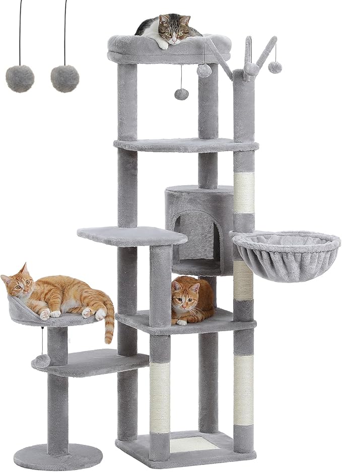 MUTTROS 59" Cat Tree, Tall Cat Tower for Large Cat, Multi-Level Tower with 3 Removable Pompom Sticks, Cat Tree for Indoor Cats, Condo with Large Hammock, Scratching Post, and 2 Perches, Grey