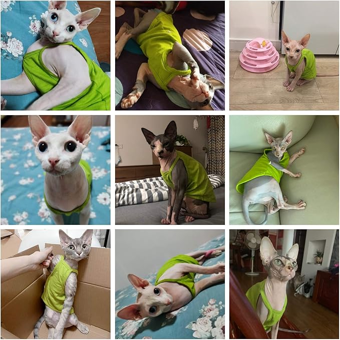 Hairless Cats Solid Cotton Camisole, Breathable Summer Tank Tops for Sphynx, Cornish Rex, Devon Rex, Peterbald, Cat Wear Hairless Cat Clothes Soft Skin-Friendly Cats Apparel Assorted Colors and Sizes